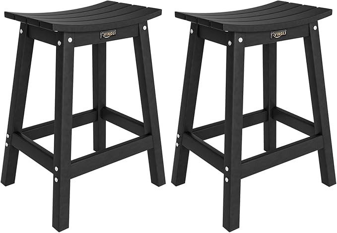 VINGLI 24 Inch Outdoor Bar Stools Set of 2, HDPE Weather Resistance Counter Height Bar Stools Durable Heavy Duty Patio Chairs for Bar Deck Balcony Kitchen Counter and Yard (Black, 24 Inch 2PC)