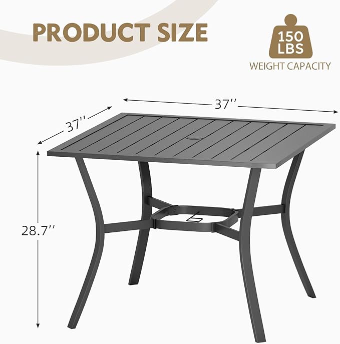 MELLCOM 37''x37'' Outdoor Dining Table for 4, E-Coating Metal Patio Dining Table with 1.57'' Umbrella Hole, All-Weather Black Square Table for Porch, Garden, Backyard, Poolside