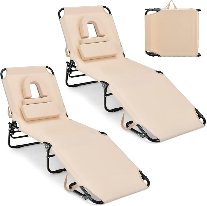 GYMAX Tanning Chair, 350lbs Beach Lounge Chair with Face Hole, Washable Pillow & Carry Strap, Adjustable Folding Chaise Lounge, Layout Lounger for Outside, Patio, Poolside, Lawn (2, Beige)
