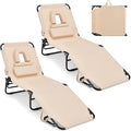 GYMAX Tanning Chair, 350lbs Beach Lounge Chair with Face Hole, Washable Pillow & Carry Strap, Adjustable Folding Chaise Lounge, Layout Lounger for Outside, Patio, Poolside, Lawn (2, Beige)