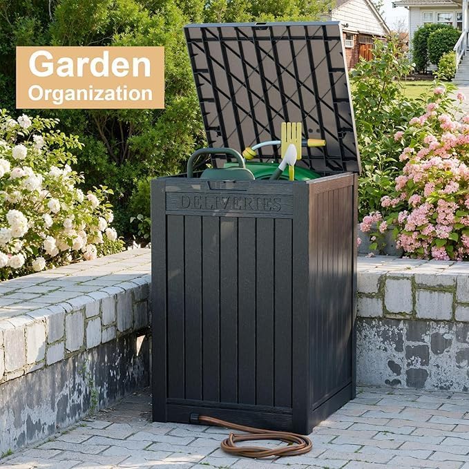 DRATO 48 Gallon Package Delivery Box, Large Lockable Storage Box, Double-Wall Resin Outdoor Package Delivery and Waterproof Deck Box for Porch, Patios（Black，48 Gallon）