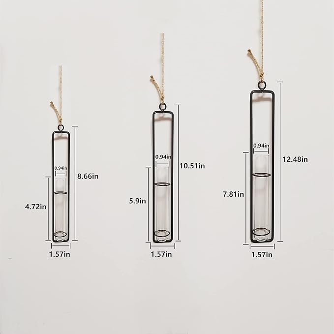 3 Pieces Hanging Glass Hydroponic Planter Transparent Test Tube Plant Vase Terrarium Container for Indoor Outdoor Modern Home Decoration (Black)