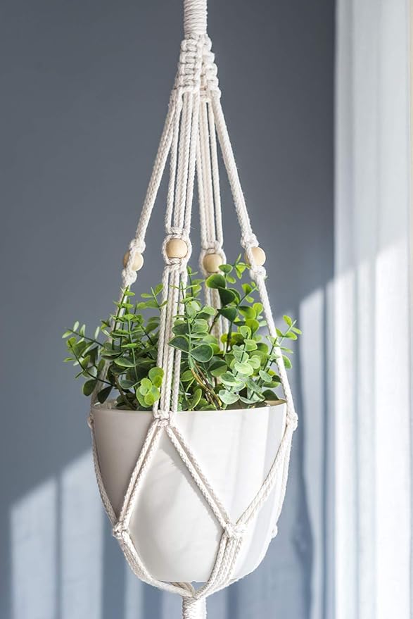 Mkono Macrame Plant Hanger 3 Tier Indoor Outdoor Hanging Planter Basket Cotton Rope with Beads 70 Inches (Pots and Plants NOT Included)