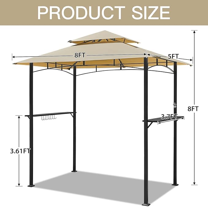 AECOJOY 8' x 5' Outdoor Grill Gazebo Canopy, BBQ Canopy for Outdoor Grill, 2- Tier BBQ Gazebo Shelter for Patio, Backyard and More (Beige)