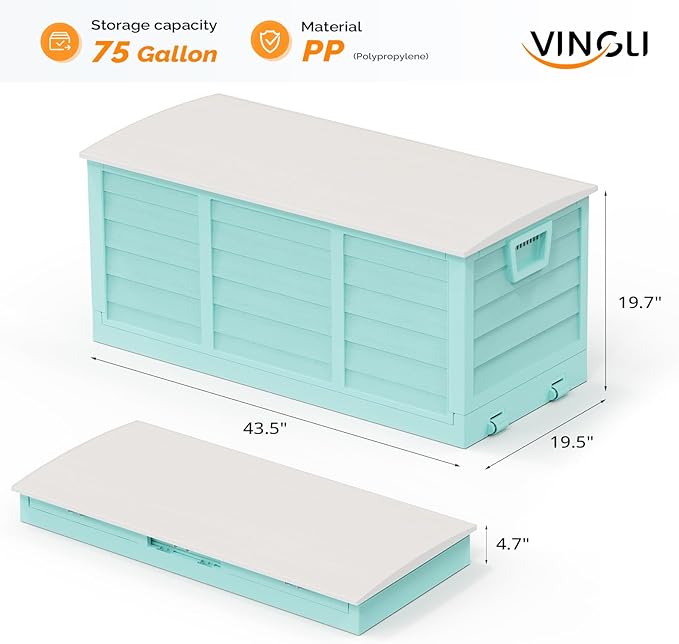 VINGLI 75 Gallon Collapsible Outdoor Storage Box, Simple-to-assemble Plastic Storage Containers with Lid, Patio Deck Box Furniture for Garden, Pool, Balcony, Yard (Green)