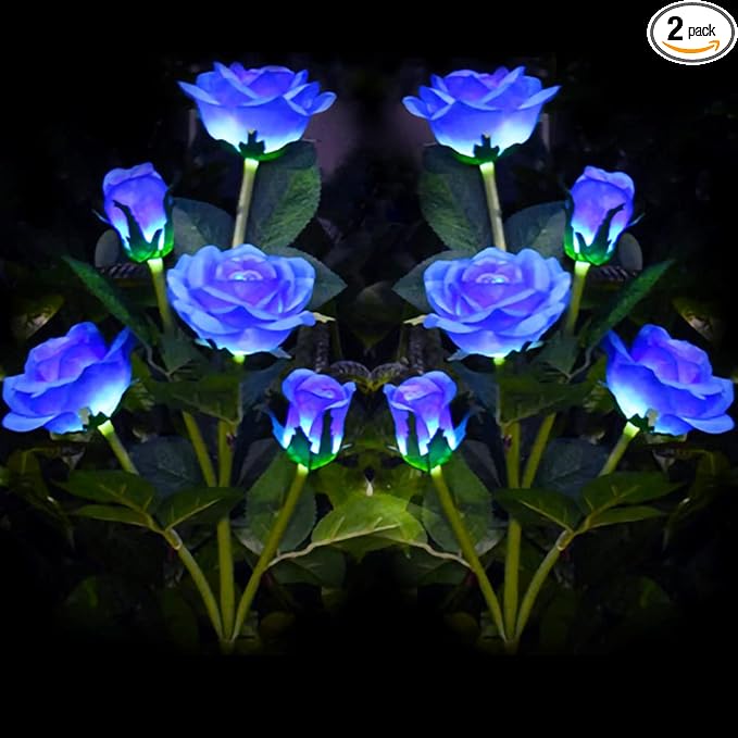 Outdoor Realistic Solar Powered Rose Flower Lights Stake,2 Pack 10 Rose Solar Garden Decorative Waterproof Lights for Backyard Patio Pathway Xmas Decoration-Blue