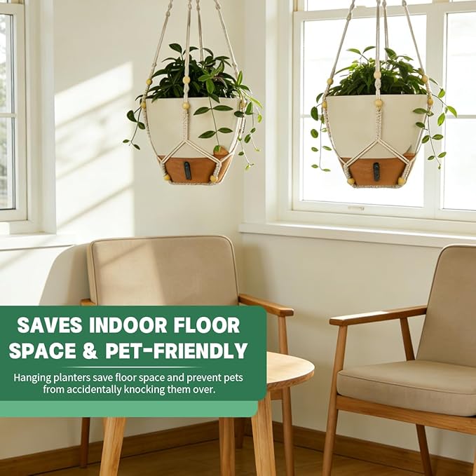 Self-Watering Hanging Planters for Indoor Plants Set 2-Piece Includes Plant Hanging Pot, Drainage-Hole Hanging Pot, and Hanging Basket Rack (10 Inches, White)