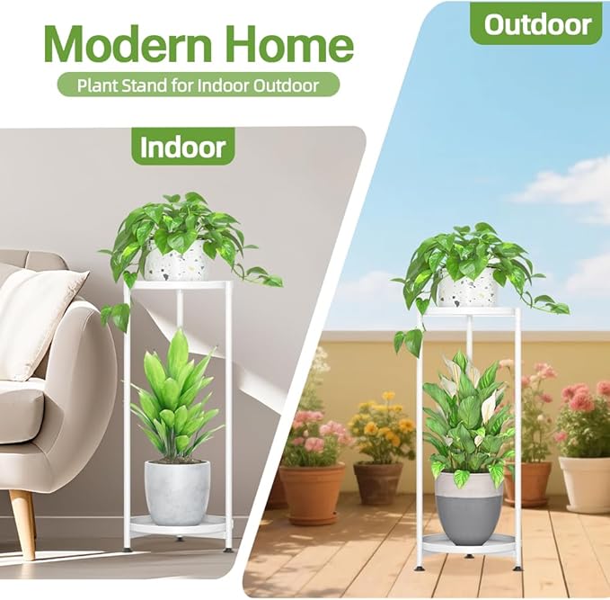 iDavosic.ly 2 Tier Corner Plant Stand Indoor, Tall Vertical Metal Flower Heavy Duty Pot Holder Shelf Outdoor for Patio Porch Living Room, White - Round