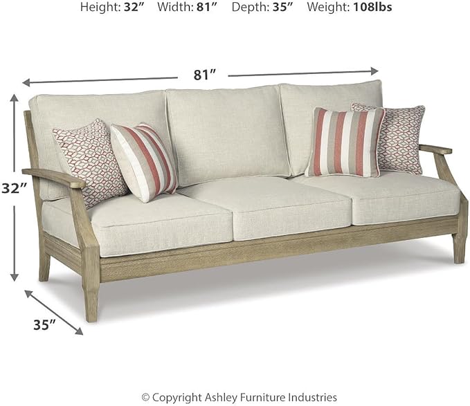 Signature Design by Ashley Clare View Outdoor Patio Sofa, 4 Throw Pillows, Nuvella Weather Resistant Fabric, Eucalyptus Wood, 81" W x 35" D x 32" H, Beige