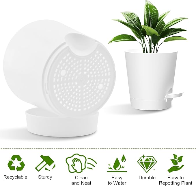 Self Watering Pots, 7/6.5/6/5.5/5/4 inch Flower Pots with Multi Mesh Drainage Holes, Small Platic Planters for Indoor Outdoor Garden Plants and Flowers (White, 7"+6.5"+6"+5.5"+5"+4")