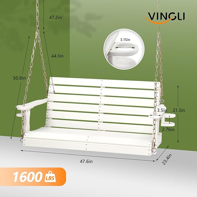 VINGLI Heavy Duty 1600 LBS HDPE Porch Swing Outdoor with Rotatable Cup Holder, 4 FT Patio Bench Swing with Adjustable Chains, 2 Person Hanging Porch Swing Chair for Porch, Yard, Tree, Garden - White