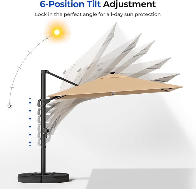 HOMSHADE 10 ft Square Cantilever Patio Umbrella with Base Included, Solar Lights Large Umbrella Outdoor Patio with 360°Rotation&Tilting, LED Lighted Offset Umbrellas w/Stand for Pool Deck