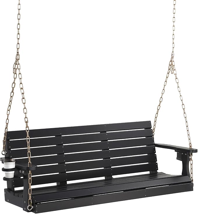 VINGLI Heavy Duty 1600 LBS HDPE Porch Swing Outdoor with Rotatable Cup Holder, 5 FT Patio Bench Swing with Adjustable Chains, 3 Person Hanging Porch Swing Chair for Porch, Yard, Tree, Garden - Black