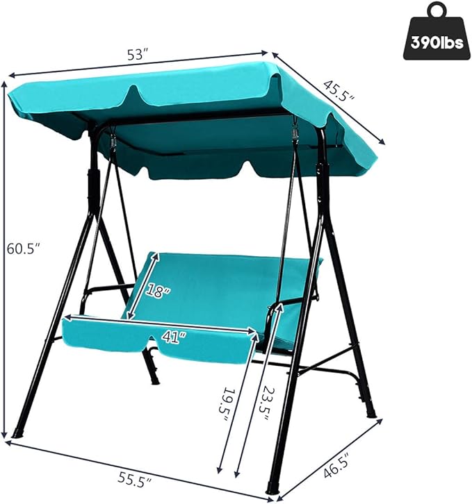 Tangkula 2 Person Porch Swing, Outdoor Swing with Removable Cushions, Solid Steel Structure, Patio Swing with Adjustable Canopy for Porch, Backyard, Garden, Balcony Turquoise