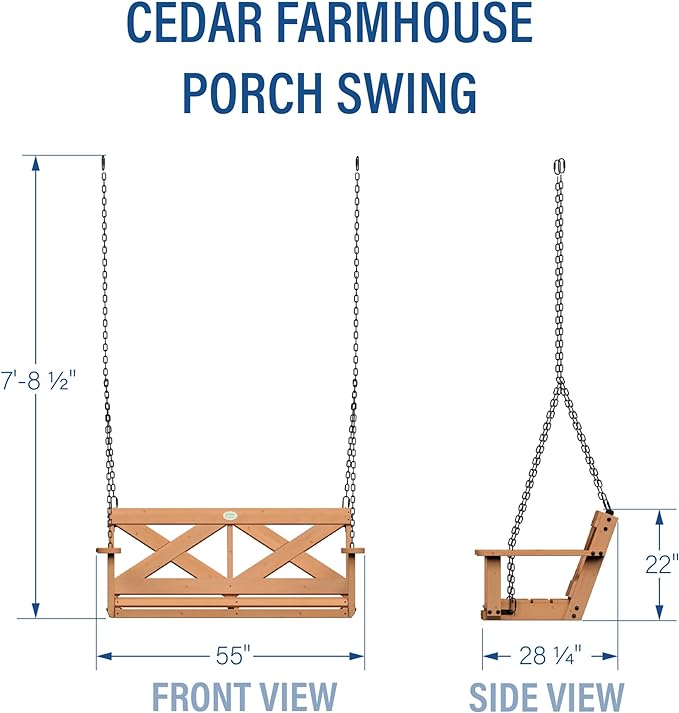 Backyard Discovery 55" Cedar Wood Farmhouse Outdoor Porch Swing Bench with Two-Person Seating, Durable Hanging Chains, Water-Resistant, Heavy-Duty 600 Lbs Weight Capacity for Patio, Deck, Garden