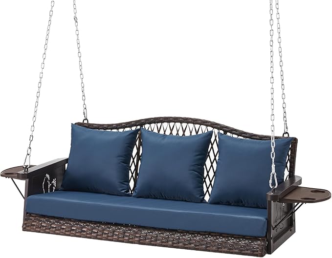 Upgraded Wicker Hanging Porch Swing Heavy Duty 900 LBS 3-Seat Outdoor Patio Swing Chair Bench for Adult w/ 8.9ft Hanging Chains Cushions and Cup Holder