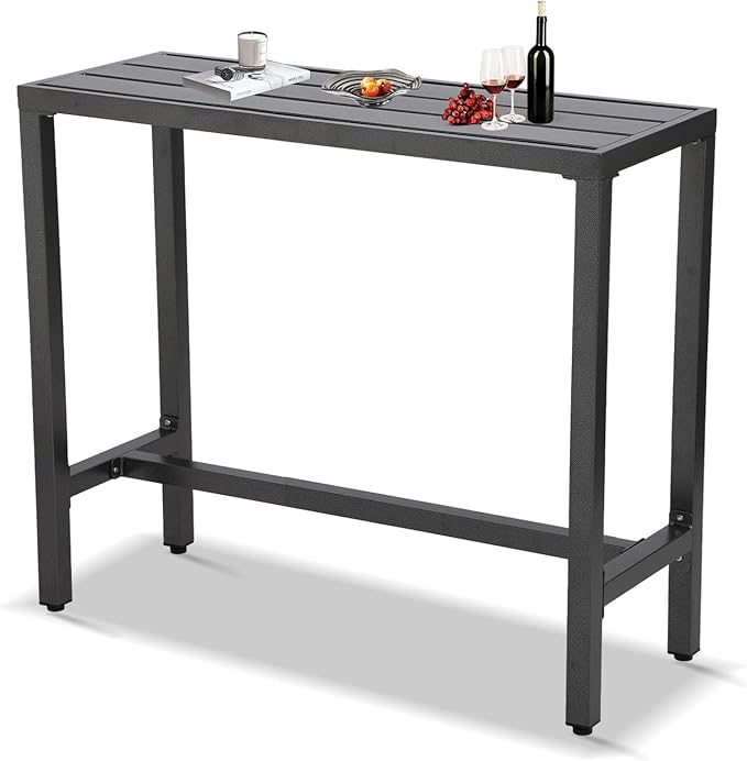 Outdoor Bar Table, Patio Console Pub Height Tables with Powder Coated Steel Frame, Weather Resistant Waterproof Top for Hot Tub, Balcony, Garden, Yard, Poolside (Grey, 47" Narrow Bar Table)