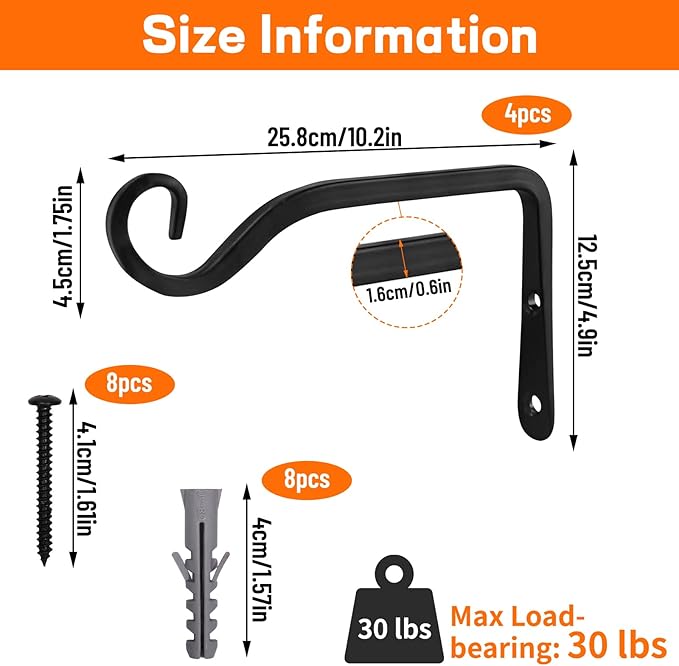 Plant Hangers Outdoor 4 Pack 10 Inch Metal Hanging Plant Bracket Metal Hanging Plant Hooks Indoor, Wall Hooks for Hanging Plants, Bird Feeder, Flower Basket, Wind Chimes Black (4PCS)