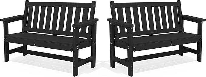 SERWALL Outdoor Bench, HDPE Outdoor Benches Weatherproof, 2-Person Garden Bench with 660 lbs Weight Capacity, Patio Benches for Outdoors, Garden, Porch, Backyard and Park, Black, 2 Pack