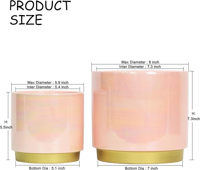 Gepege Pink Indoor Plant Pots for Plants, Ceramic Planter with Drainage Hole, 7.6 Inch +6 Inch 2pcs Succulent Orchid Flower Pot - Rainbow Pearl Glaze