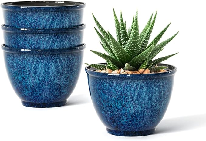 Plant Pots, Set of 4 Plastic Planters with Drainage Hole, 8 Inch Glaze Plastic Flower Pots for Plants, Nursery Planting Pot, Planter for Indoor Outdoor Home Decorative(Blue)