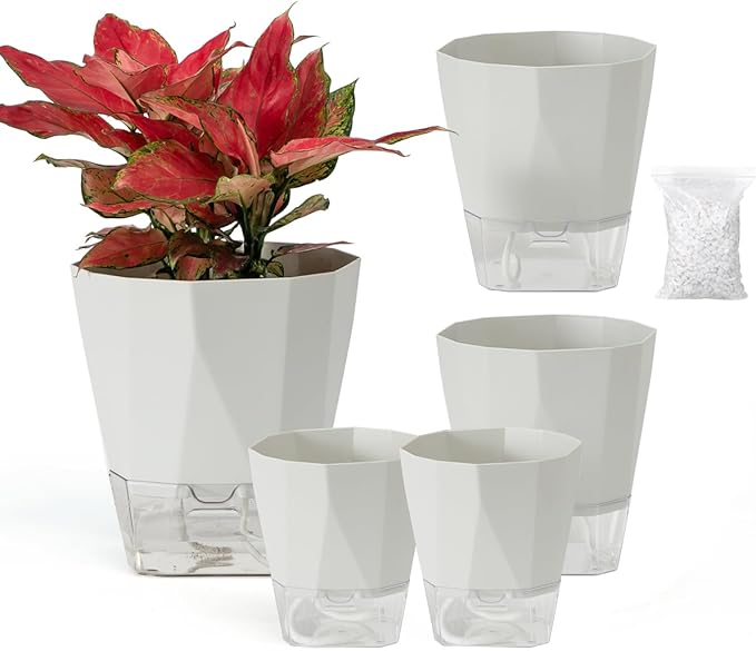 5 Pack Self Watering Plant Pots 5/6.7/8.4 In Self Watering Planters for indoor and Outdoor plants African Violet Self Watering Pots Clear Pots for Plants Herb Orchid Flower Houseplant Pots, Light Grey