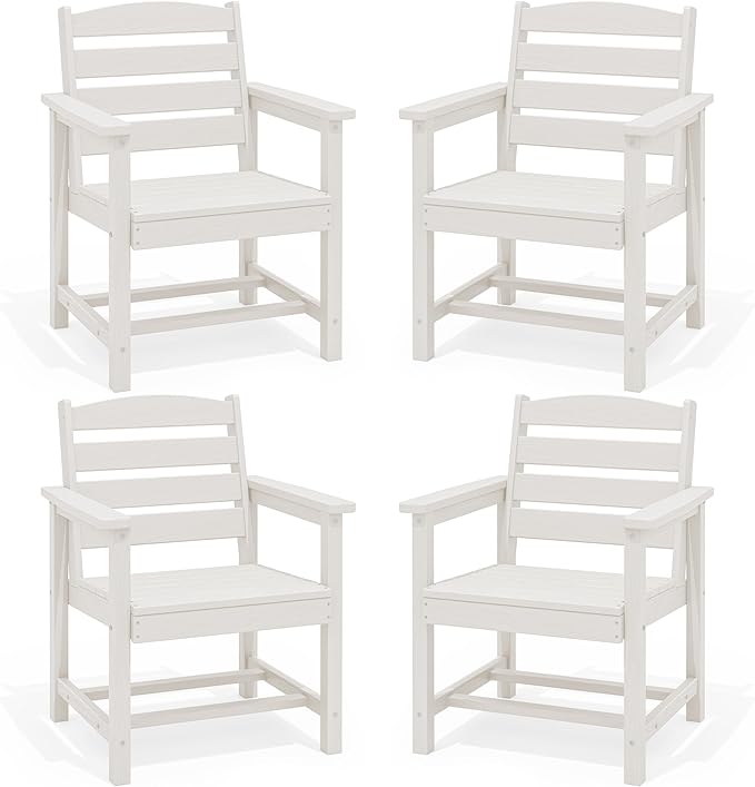 SERWALL Outdoor Dining Chairs Set of 4, All-Weather HDPE Patio Chair with 19.7" Widened Seat, for Backyard, Garden, White