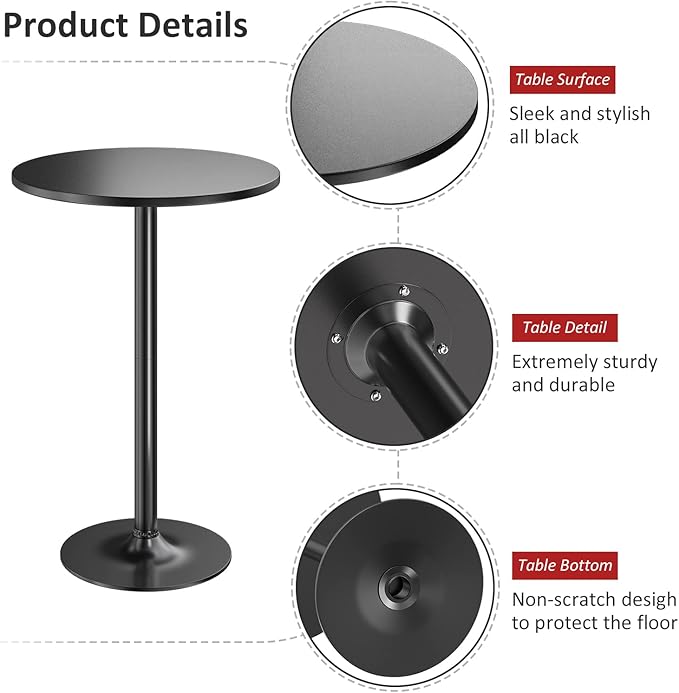 Furmax Bistro Pub Table 2 Pack Round Bar Height Cocktail Table Metal Base MDF Top Obsidian with Black Leg 23.8-Inch Top, 39.5-Inch Height (Black)