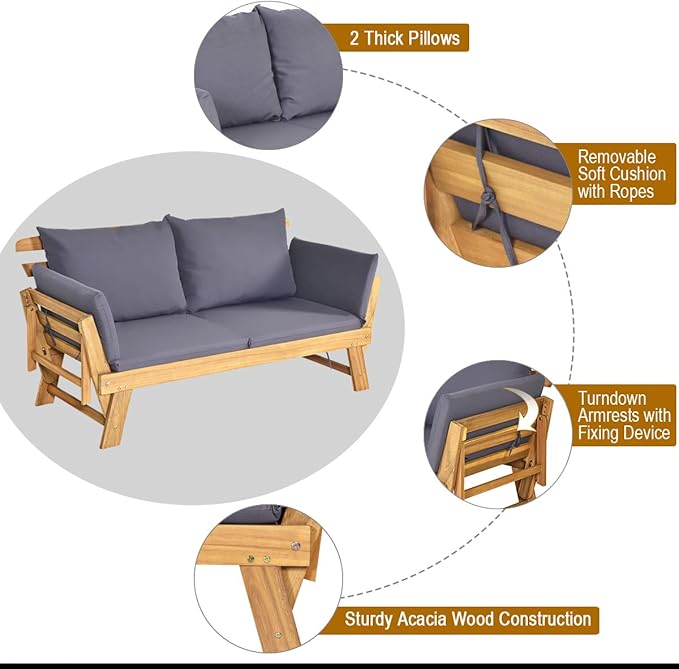 Tangkula Convertible Acacia Wood Patio Couch Sofa Bed with Adjustable Armrest, Outdoor Daybed with Cushion & Pillows, Outside Folding Futon Sofa Couch Bench for Porch, Courtyard, Poolside & Garden