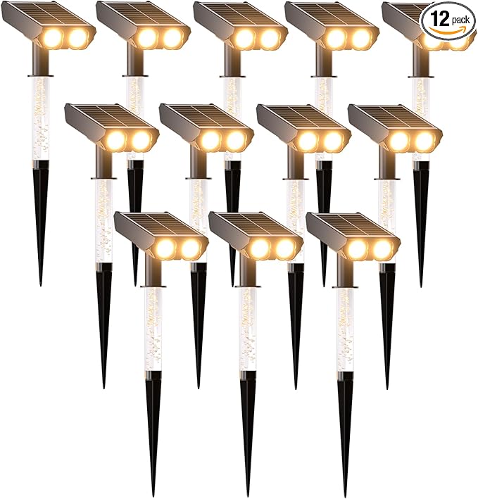 Solar Spotlights Outdoor Waterproof- 2 IN 1 Solar Spot Lights Outdoor with 2 Lighting Modes & PC Light Guide Column for Garden Yard Pathway | Warm Yellow 3000k Spotlights | IP65 Waterproof | 12 Pack