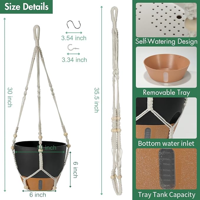 Self-Watering Hanging Planters for Indoor Plants Set 2-Piece Includes Plant Hanging Pot, Drainage-Hole Hanging Pot, and Hanging Basket Rack (10 Inches, Black)