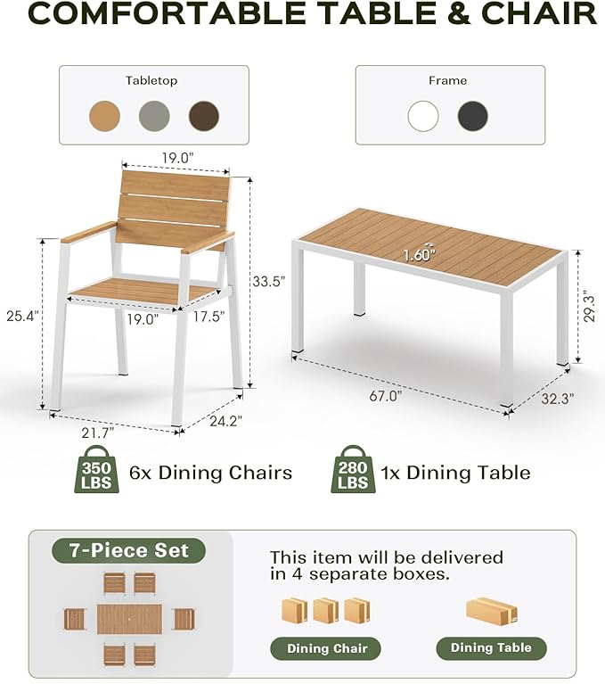 67" HDPS Outdoor Patio Dining Table, Aluminum-Edged Outdoor Dining Table with Umbrella Hole, Weather-Resistant for Lawn, Garden, Poolside and Indoor Use, White & Teak