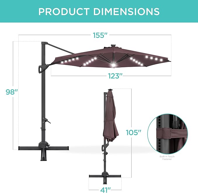 Best Choice Products 10ft Solar LED Cantilever Patio Umbrella, 360-Degree Rotation Hanging Offset Market Outdoor Sun Shade for Backyard, Deck, Poolside w/Lights, Easy Tilt, Cross Base
