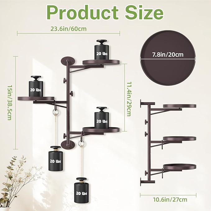 iDavosic.ly Rotating Window Plant Shelves, 3-Tier Metal Wall Stand with 2 Hooks, Flower Display Holder Rack for Living Room, Space Saving, Bronze (Pots/Chains/Plants Not Included)
