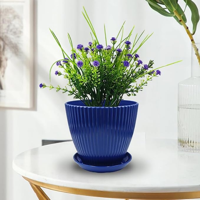 7.5/6.5/5.5/4.9/4.2/3.5 Inch Plant Pots with Saucers & Drain Holes - Indoor/Outdoor Flower Pots for Succulents, Herbs, Cactus - Modern Lightweight Durable Planter Set, Blue