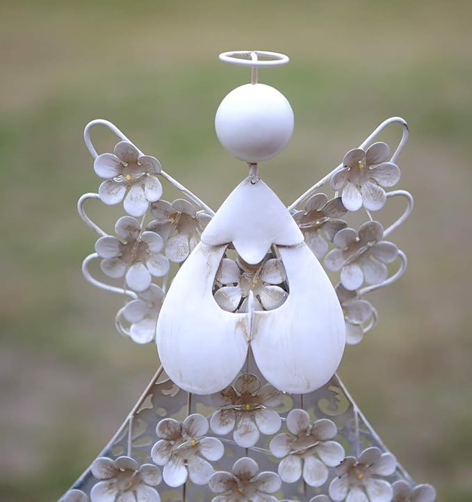 Solar White Angel Garden Stake Lights - Metal Hydrangea Memorial Gift With 27 LEDs - Perfect for Remembrance and Sympathy (7.7" W x 40.5" H)