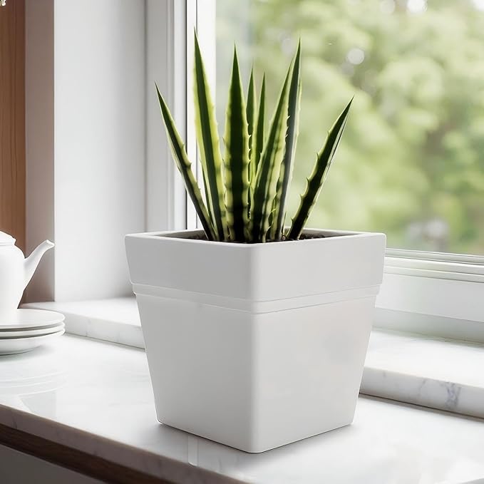 6-Pack 7 Inch Square Planters - Heavy Duty White Pots for Indoor Plants, Plastic Flower Pots with Built-in Drainage Tray & Stopper, Matte Modern Garden Planter, BPA-Free for Herbs & Succulents