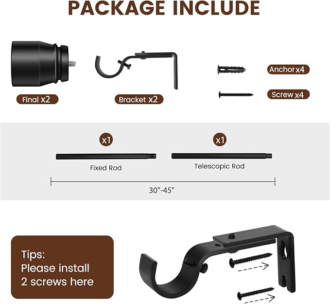 1” Diameter Curtain Rods Itself is 30 to 45 inch 1 Pack Fit 30-39 inch Window with Heavy Duty Adjustable Rod Matte Black Splicing Metal Extra Long Curtain Rod for Windows