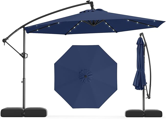 Tangkula 10ft Solar LED Patio Umbrella with Base, Offset Cantilever Outdoor Umbrella with 32 LED Lights, Infinite Tilt, 360 Degree Rotation, Crank Handle for Pool Deck Garden Backyard (Navy)