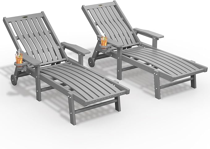 Patio Chaise Lounge Chair Set of 2, Oversized Lounge Chair Outdoor with 5 Positions, HDPE, Patio Lounge Chair with Wheels & Cup Holder for Pool, Deck, Poolside,Grey