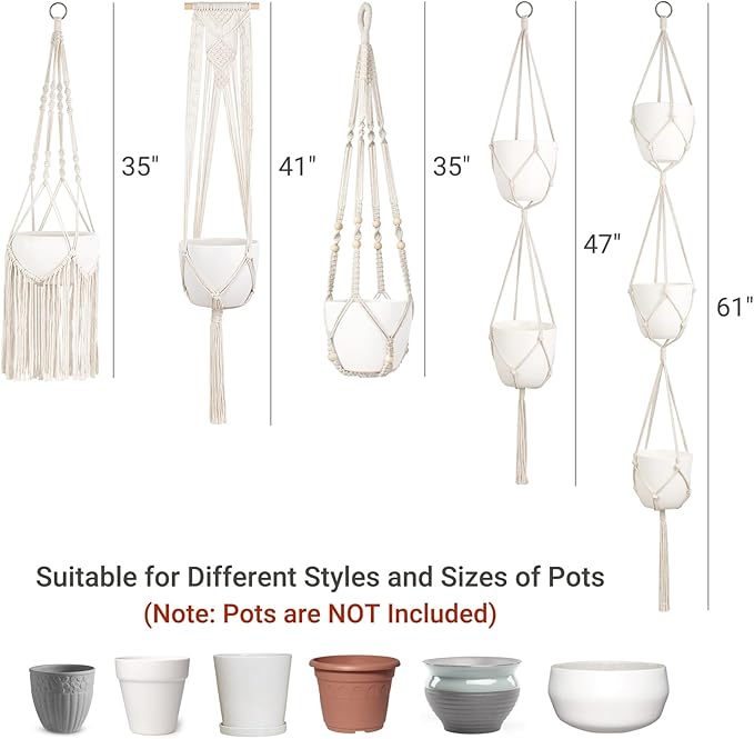 Mkono Macrame Plant Hangers, 5 Pack Different Tiers Indoor Hanging Planters Basket with 5 Hooks Decorative Flower Pots Holder Stand Boho Home Decor, Ivory