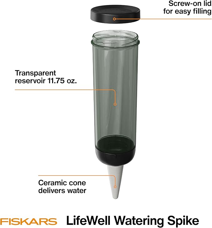 Fiskars LifeWell Watering Spike, Self-Watering System for Indoor Plants, Continuous Hydration Vacation Care & Travel, Porous Ceramic Cone Slow Release, 11.75 oz Capacity, Black