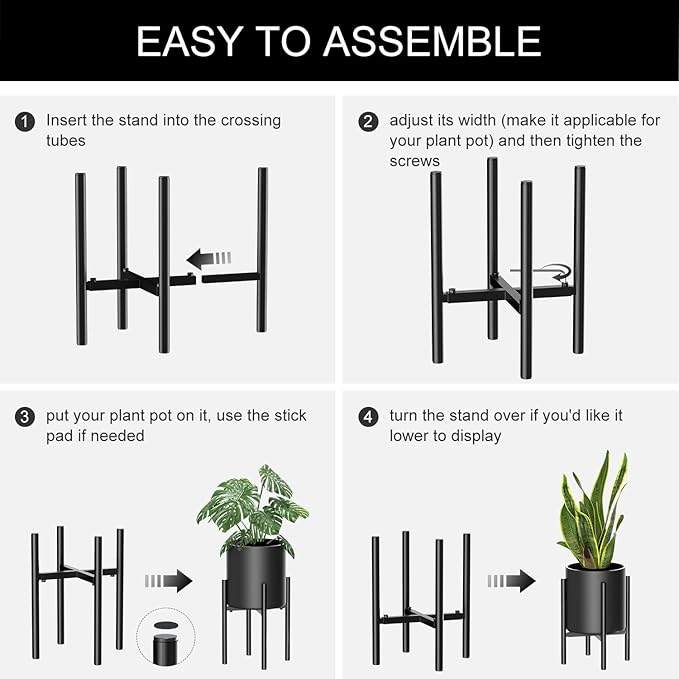 H HOMEXIN Metal Adjustable Plant Stand, Width 8-12 Inches, Corner Mid Century Holder for Indoor Outdoor Stable Display, Black