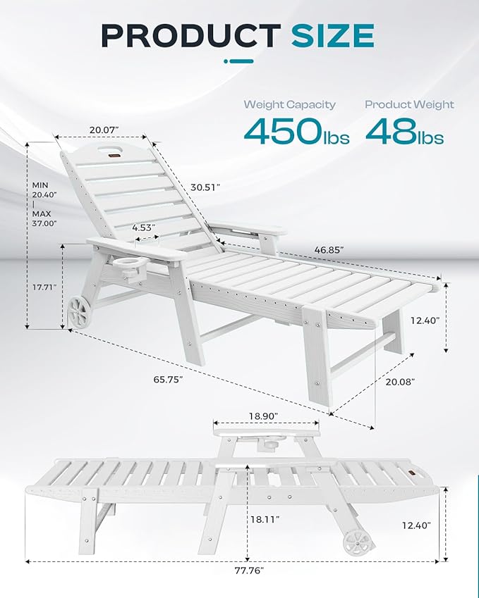 Outdoor Chaise Lounge Chair Set of 2, Patio Lounge Chairs for Outside, HDPE Lounge Chairs with Wheels & Cup Holder, Poly Lounge Chair with 5 Position for Poolside, Deck, White