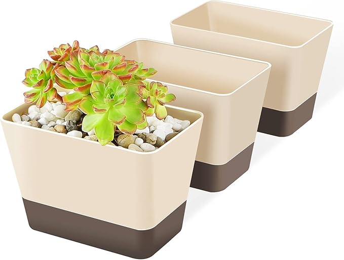 SUREAM Succulent Pots with Tray, 3 Pack 6 x3.8 Inch Herb Window Boxes Office Cactus Planters Plastic Rectangle Plants Containers with Saucer for Windowsill, Garden Balcony, Porch