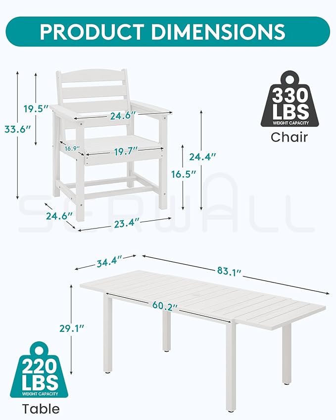 SERWALL 7-Piece Patio Dining Sets, 60" - 83" Expandable Outdoor Dining Table and 6 HDPE Chairs, All Weather HDPE Outdoor Furniture Set for Backyard, Garden, White
