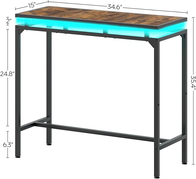 Bar Table with LED Lights, Counter Height Bar Height Table, Pub Gaming Table, Metal Frame, for Living Room, Dining Room, Pub, Rustic Brown and Black BT01DBR