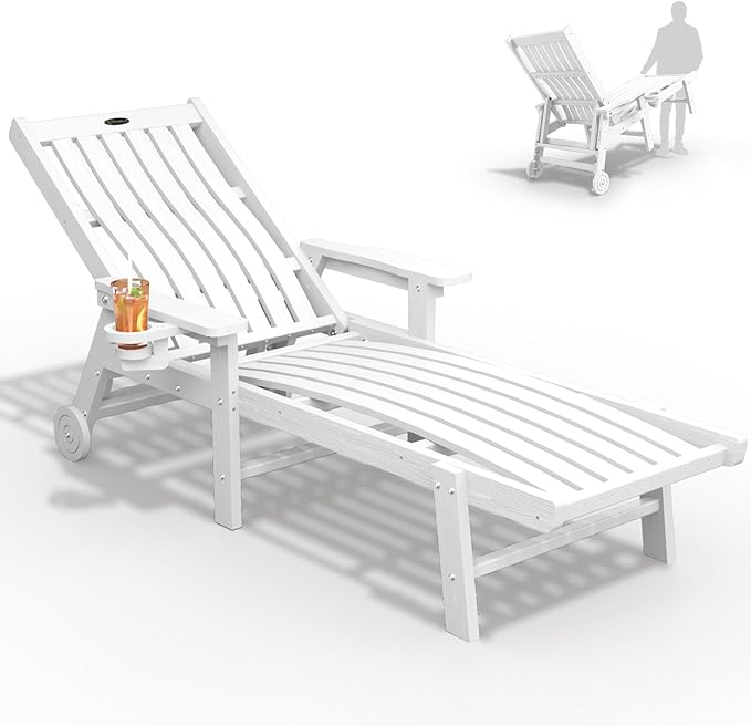 Patio Chaise Lounge Chair, Oversized Lounge Chair Outdoor with 5 Positions, HDPE, Patio Lounge Chair with Wheels & Cup Holder for Pool, Deck, Poolside,White