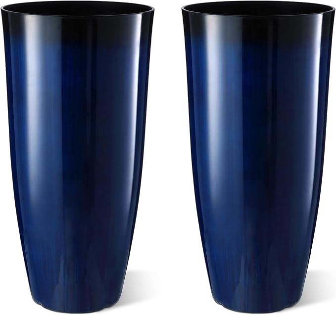 Glitzhome 30" H Tall Planters for Outdoor Plants, Set of 2 Plastic Large Outdoor Planters with Gradient Cobalt Blue Faux Ceramic Finish,Large Flower Pots with Drainage Holes for Front Porch Indoor