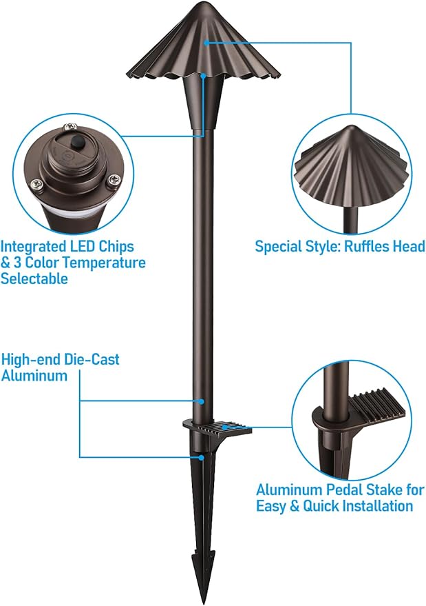 LEONLITE 3CCT Low Voltage Pathway Lights, LED Landscape Path Lights, 3000K/4000K/5000K, Ruffles Head, 12-24V AC/DC, IP65 Outdoor Walkway Light, Oil Rubbed Bronze Aluminum, Pack of 6